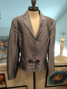 Women's Silk Blend Blue Gray Tailored Jacket with Decorative Bow
